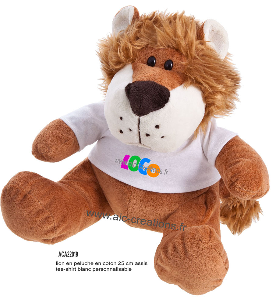 lion en peluche, lion de 25 cm assis avec tee-shirt personnalisable, peluche publicitaire, lion en peluche, cadeaux 