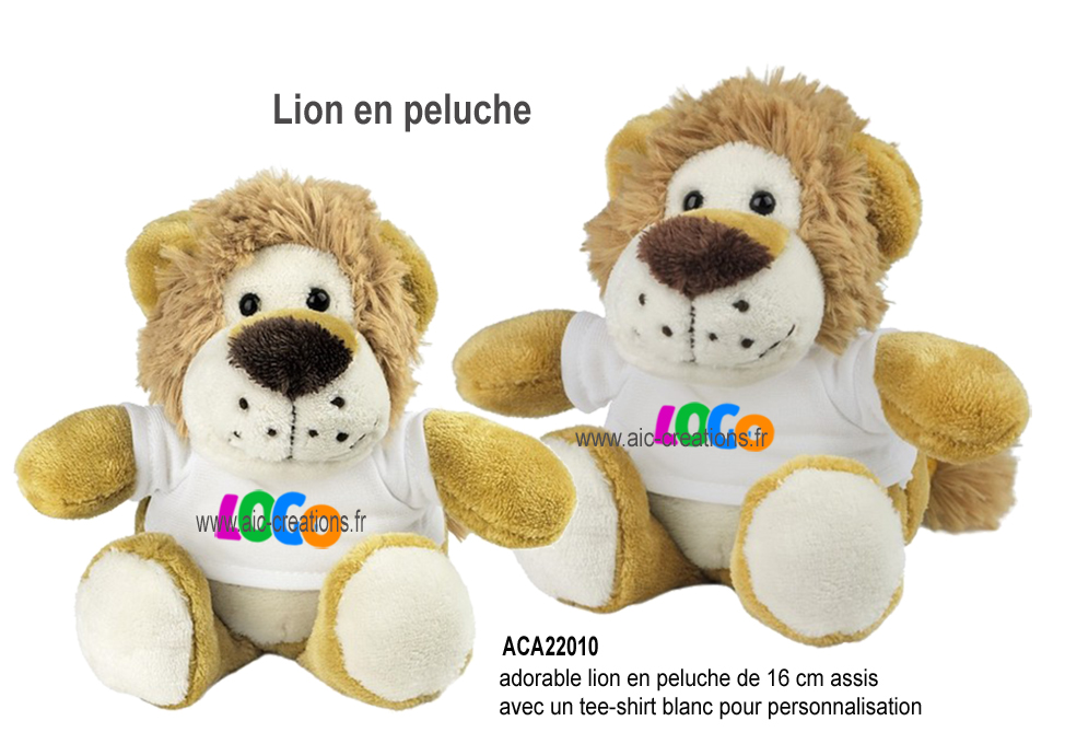 lion en peluche, peluches publicitaires, lion avec tee-shirt pour personnalisation, lion en peluche de 16 cm assis, cadeaux 