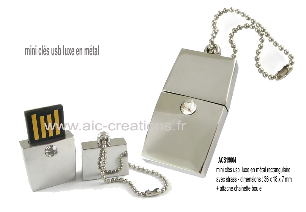 mini clés usb métal avec strass, mini cles usb publicitaire metal avec chainette boule, cadeaux d'affaires