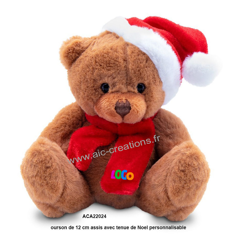 peluche de Noel, ourson en peluche 12cm assis en tenue de Noel personnalisable, peluche publicitaire