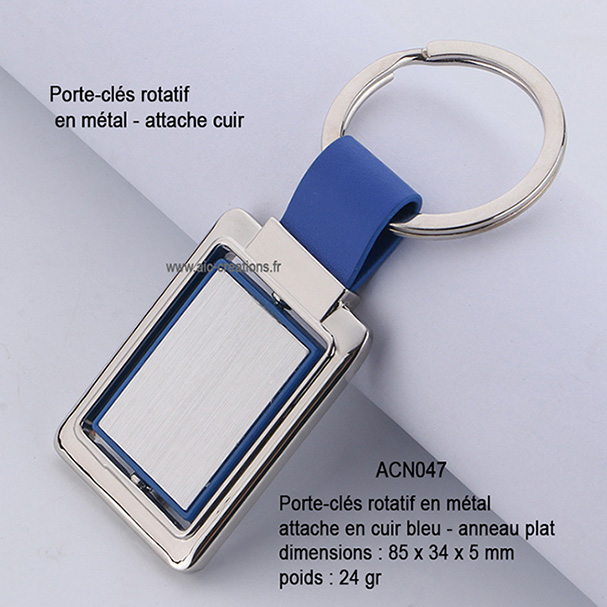 porte-clés rotatif en métal attache cuir bleu, porte-clés publicitaires, porte-clés metal rotatif
