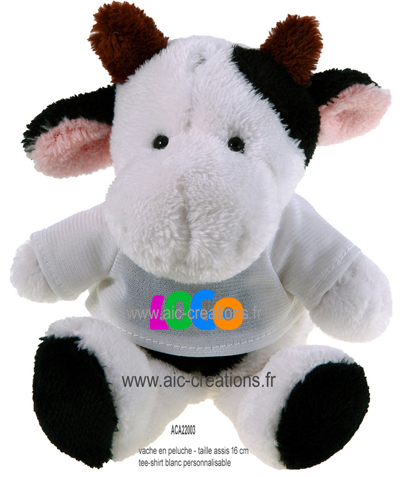 vache publicitaire en peluche, vache en peluche avec tee-shirt personnalisable, peluches, enfants, jeux, CE, cadeaux, commerce