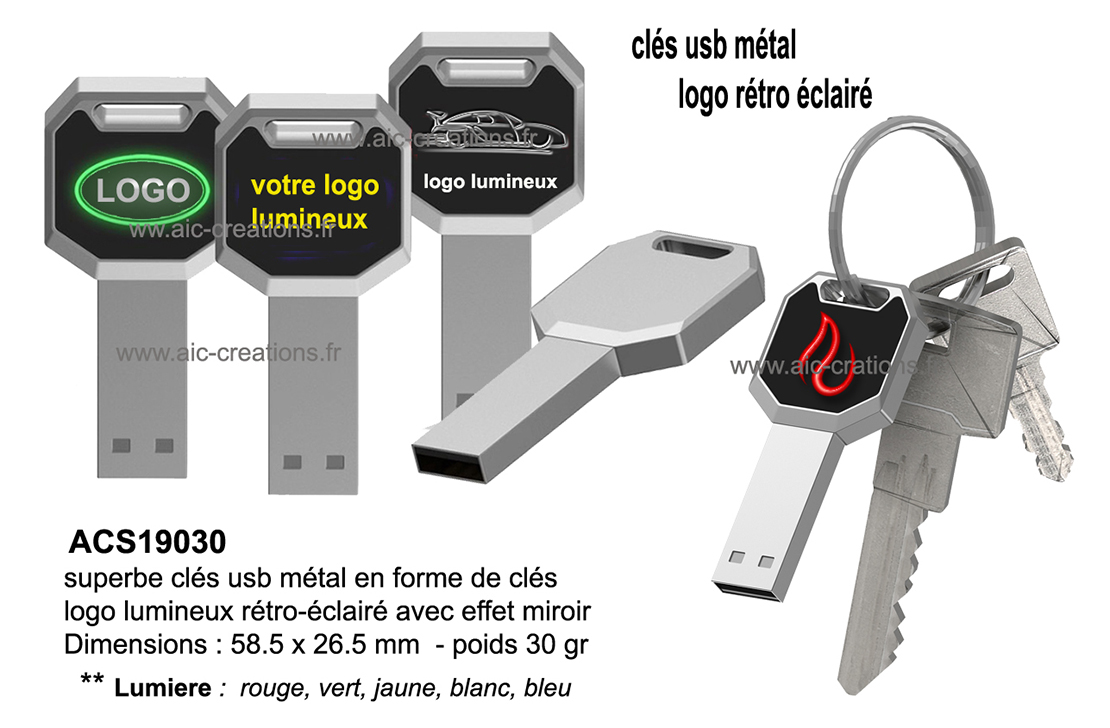 cles usb en métal avec logo lumineux, cles usb logo retro éclairé,  superbe clés usb metal en forme de clés 