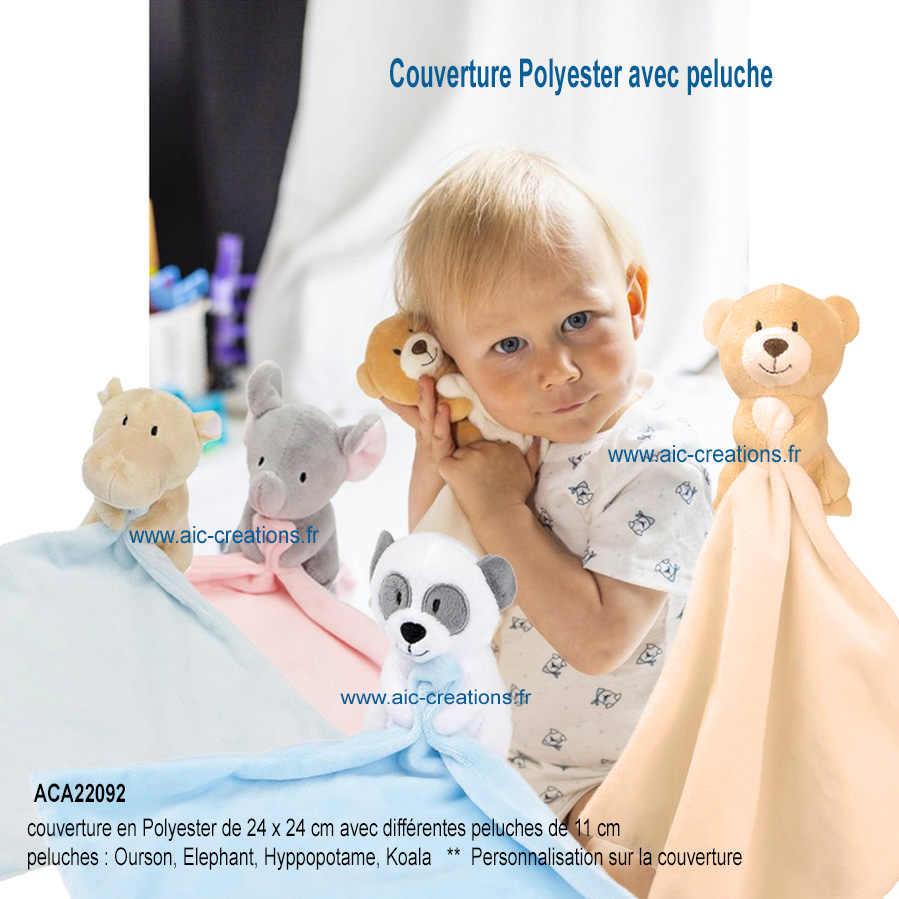 couverture polyester avec peluches publicitaires, peluches avec couverture ourson, elephant, koala, hyppopotame en peluche, peluches publicitaires personnalisables