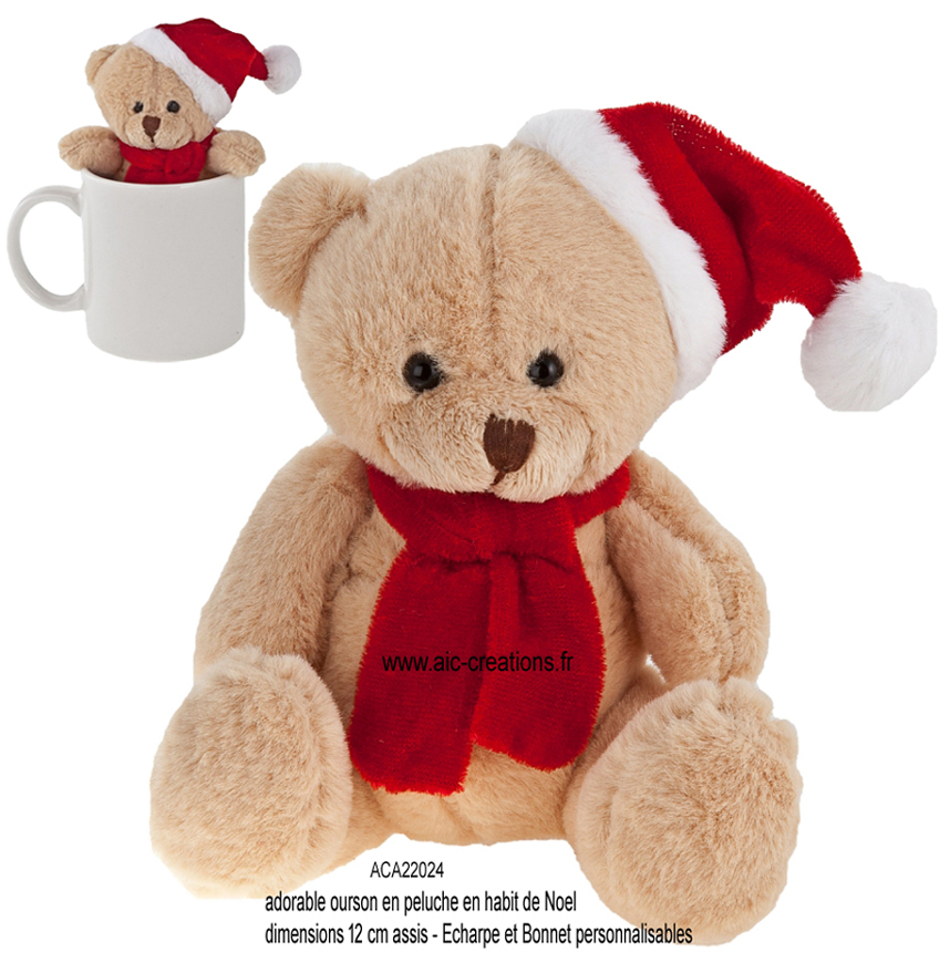 ours en peluche en habits de Noel, peluches publicitaiires, ours publicitaire en peluche de Noel, 12 cm