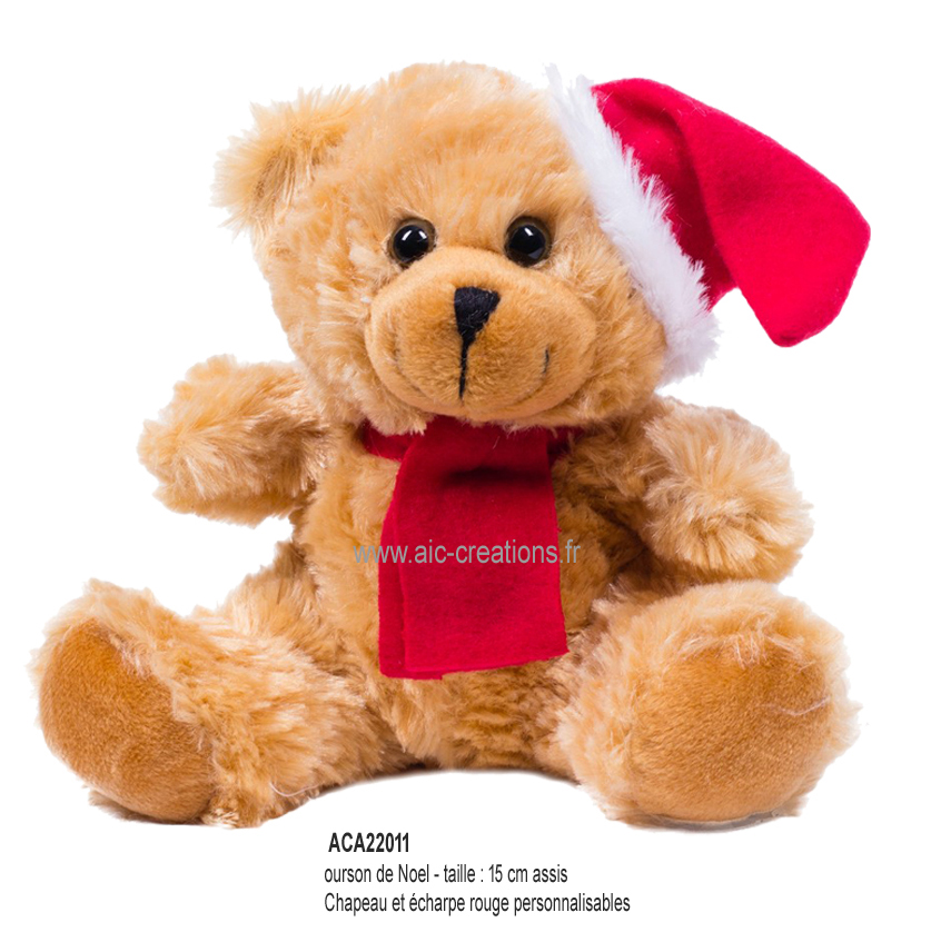ourson de Noel, ourson publicitaire chapeau de Noel, ourson avec écharpe et bonnet rouge, cadeaux, CE, enfants, jeux, Noel