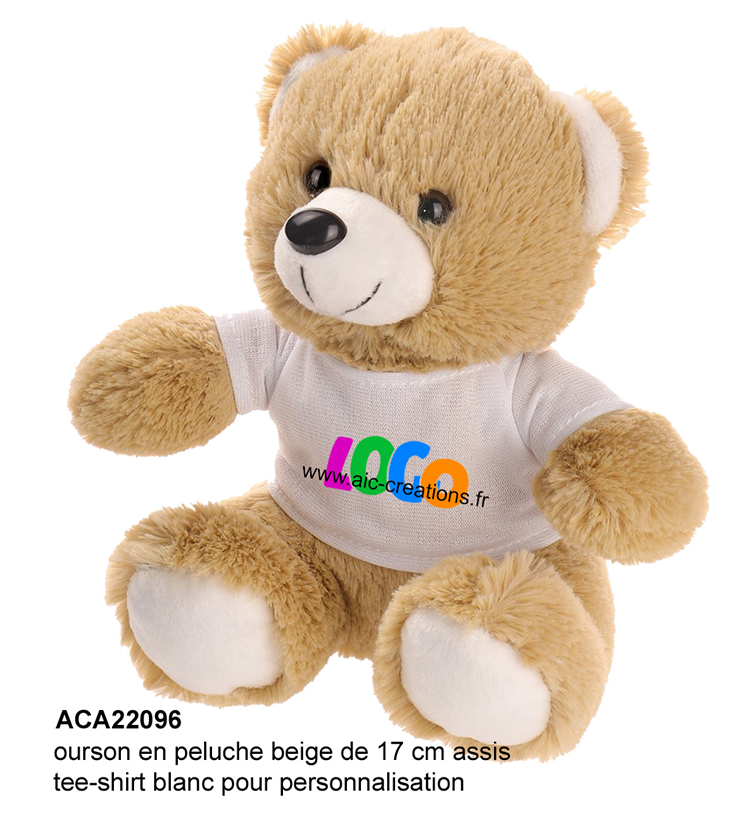 ours en peluche, ourson publicitaire avec tee-shirt, ours en peluche personnalisable, cadeaux d'affaires, ours publicitaire en peluche de 17 cm assis
