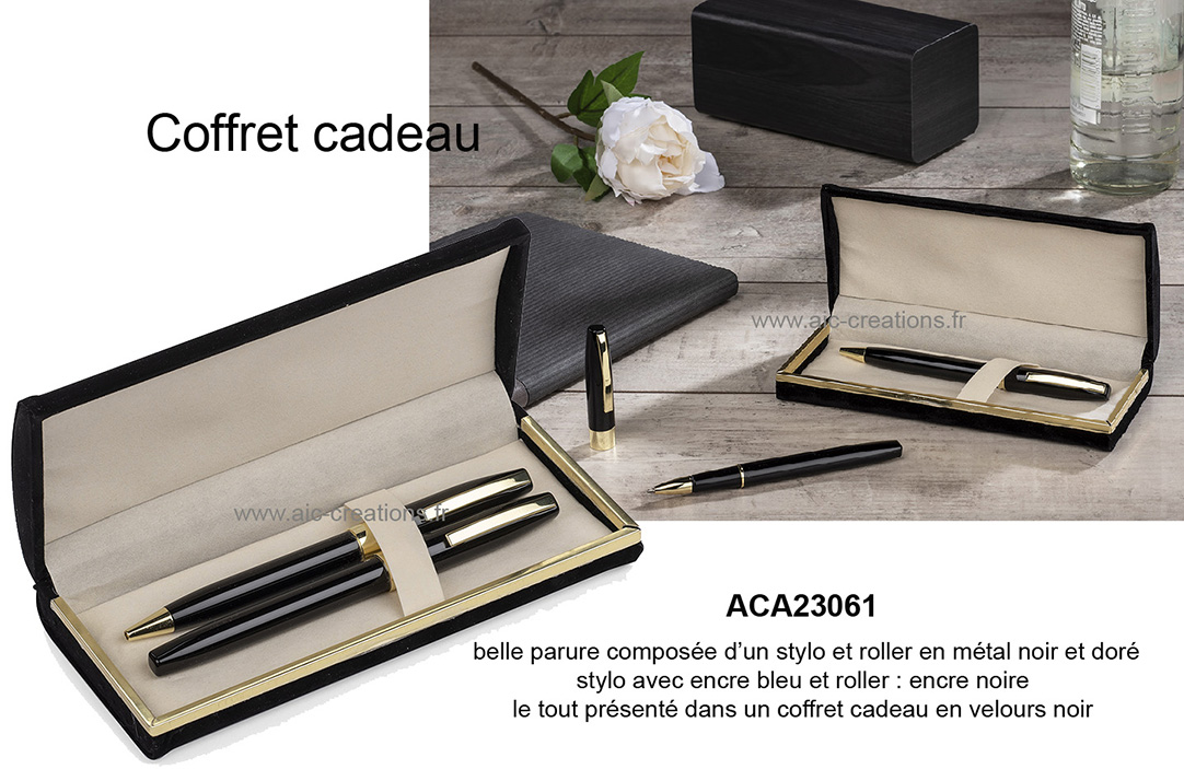 belle parure metal, stylo et roller en coffret cadeau,  cadeaux d'affaires, objets publicitaies 