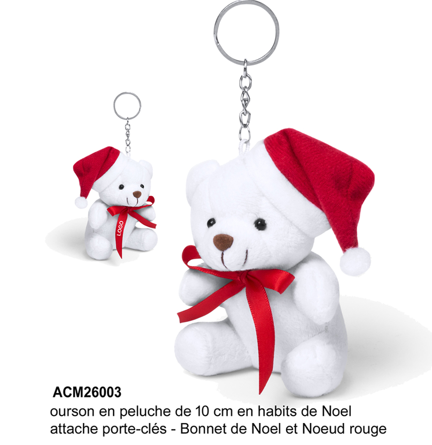 ourson publicitaires en habit de Noel, porte-clés peluche 10 cm Bonnet de Noel, peluches de fetes, ourson blanc Chapeau de Noel rouge